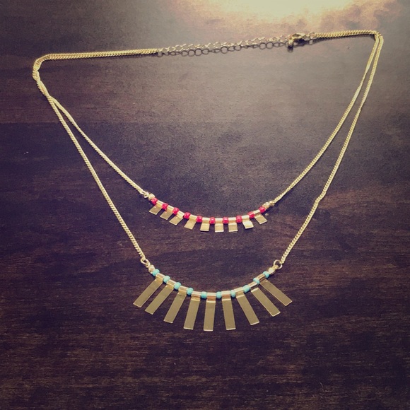 Forever 21 Jewelry - MULTI-STRAND GOLD NECKLACE with BLUE & RED BEADS